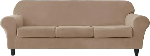 Vista 22 de CONRUSER Funda elástica para sofá, funda de terciopelo suave para sofá de un solo asiento con funda de cojín, protector de muebles (beige, talla S)