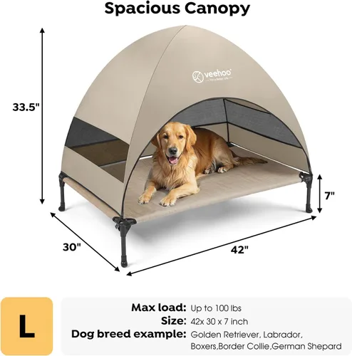 Vista 4 de Veehoo Cama para perros al aire libre con toldo, cama elevada de enfriamiento para perros con sombra extraíble, pies antideslizantes, cama elevada