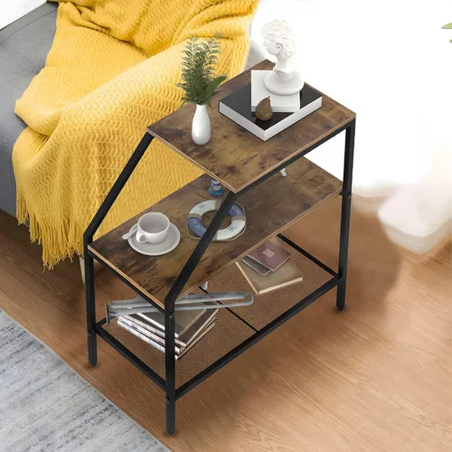 Vista 7 de Wolawu Mesa auxiliar de 3 niveles, estante rústico de madera marrón, decoración industrial, sofá, mesa auxiliar, moderno, mobiliario de acento
