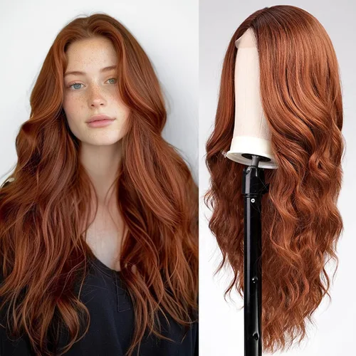 Vista 10 de EMMOR Peluca larga y ondulada marrón mixta para mujer, pelucas de encaje frontal, aspecto natural, 26 pulgadas, parte media, peluca rizada