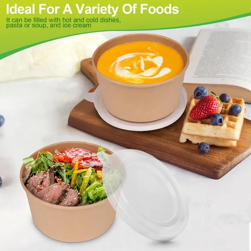 Vista 3 de Greensight Cuencos de papel grandes de 32 onzas con tapas, paquete de 50 unidades, desechables, biodegradables para ensaladas, sopas, alimentos