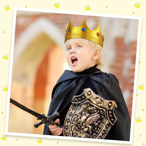 Vista 6 de Hanaive Coronas de rey para adultos y niños, corona dorada de plástico real con joyas para disfraz de princesa, reina, príncipe y fiesta de cosplay