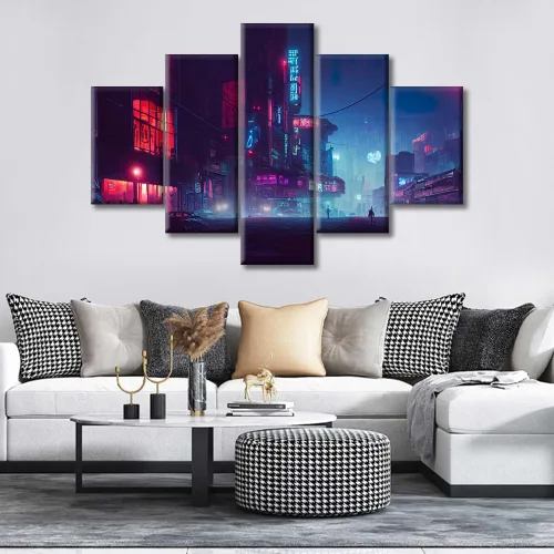 Vista 134 de Cuadros de 5 paneles de Cyberpunk City, arte de pared, representación de vallas publicitarias, edificios modernos en la capital con obras de arte