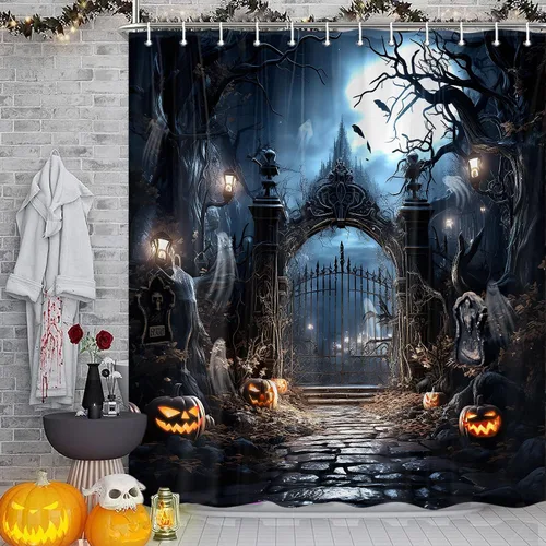 Vista 8 de Halloween Haunted Graveyard Shower Curtains, Horror Forest Shower Curtain for Bathroom, Scary Pumpkin Lantern Tombstone Skull Fabric Waterproof