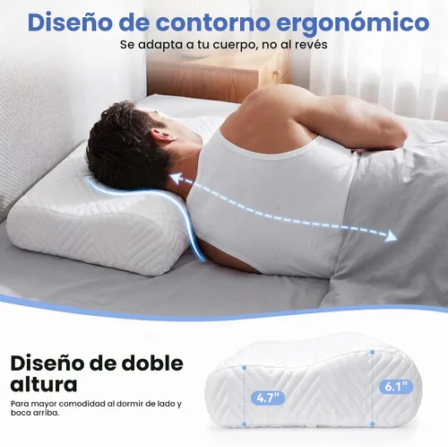 Vista 3 de Almohada de espuma viscoelástica, doble altura (4.7 y 6.1 pulgadas), almohada cervical de alto perfil para dormir de lado, almohada ergonómica