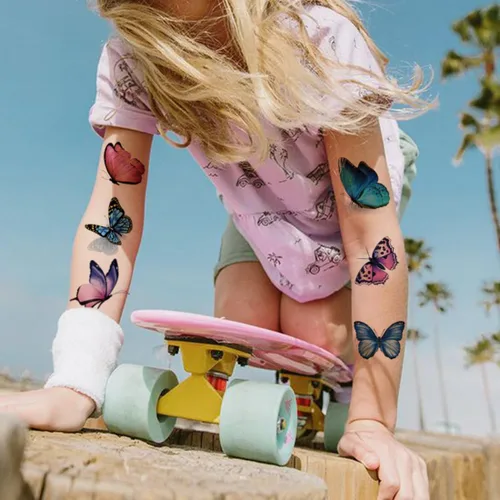 Vista 5 de CHARLENT 148 hojas individuales de tatuajes temporales de mariposa para niñas y mujeres, tatuajes de mariposa realistas 3D para niños, regalos