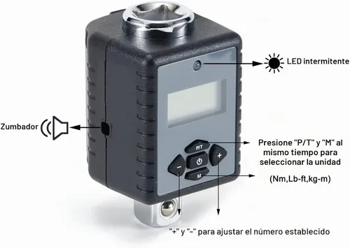 Vista 2 de ThreeH Adaptador de par digital de 1/4 de pulgada (0.22-22.1ft-lb/0.3-30Nm) con zumbador y flash LED, convertidor de llave dinamométrica digital