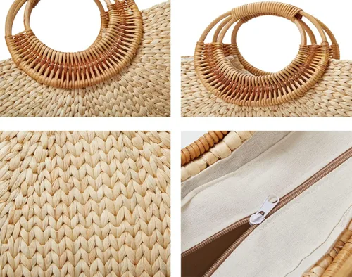 Vista 7 de Bolso de mano para mujer y niña, bolso de mano de paja tejido de moda, bolso de hombro, bolso de playa, bolso de luna, bolso de cubo de verano 2023