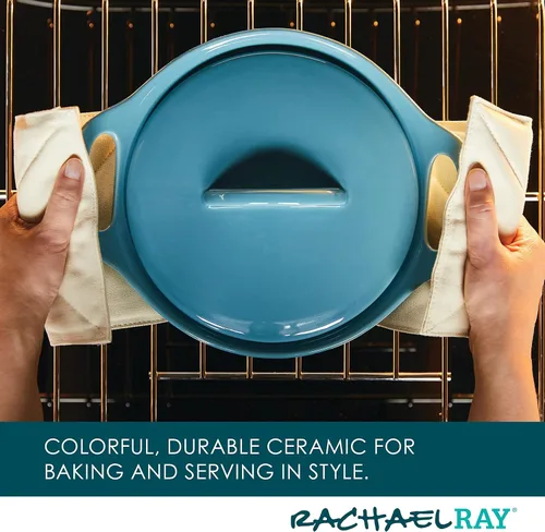 Vista 4 de Rachael Ray Solid Glaze Ceramics - Juego de utensilios para hornear/panadería con tapa compartida, 3 piezas, azul agave