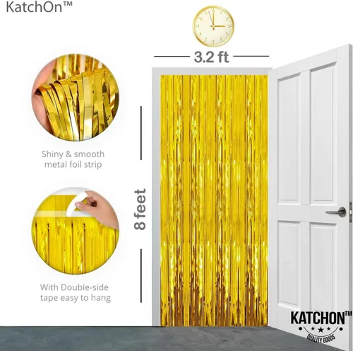 Vista 4 de Telón de fondo de cortina con flecos dorados, 3.2 x 10 pies, paquete de 2, cortinas metálicas de aluminio dorado para decoración, globos de novia