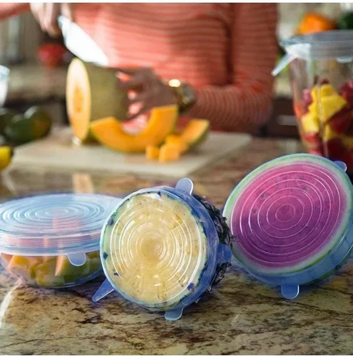 Vista 6 de Tapas elásticas de silicona, multitamaño, reutilizables, para alimentos y cuencos, aptas para lavavajillas y congelador (multicolor)