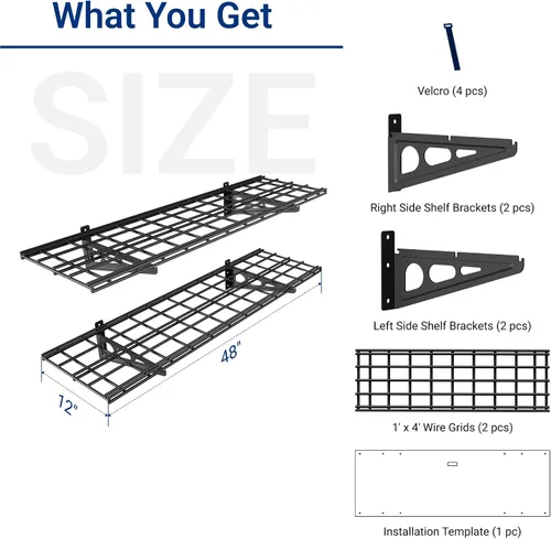 Vista 3 de FLEXIMOUNTS Paquete de 2 Estante de Pared de Garaje de 1x4 pies 12 pulgadas por 48 pulgadas Rack de Almacenamiento de Garaje Estantes Flotantes Negro