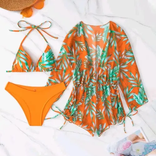 Vista 4 de bmkBWO Bikini Sets for Women with Romper Tropical Printed Cardigans Drawstring Bathing Suits Triangle bikini Thong