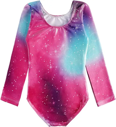 Vista 104 de HOZIY - Leotardos de manga larga para niñas, de gimnasia, para niños pequeños, trajes florales de unicornio, galaxia, arco iris, patrón de rayas
