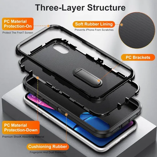 Vista 8 de IDweel Funda para iPhone XR, color negro para iPhone XR con soporte para hombres, protección resistente a prueba de golpes, antiarañazos, ajuste