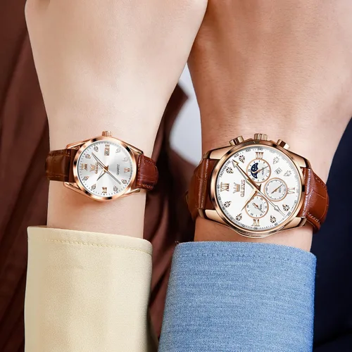 Vista 28 de OLEVS Juego de 2 relojes de cuarzo para parejas de San Valentín, para él y ella, cronógrafo de cuero, con diamantes para hombres, mujeres, amantes