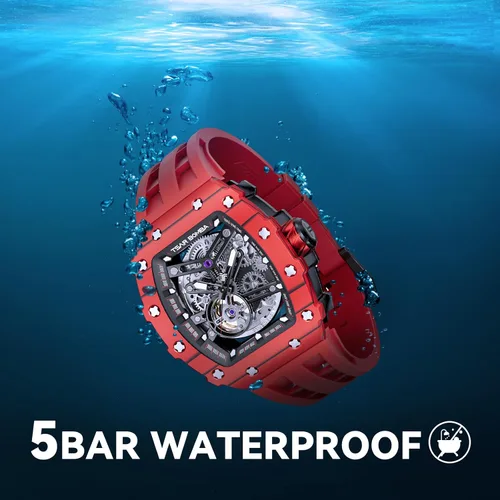 Vista 8 de Reloj para hombre, reloj mecánico automático de esqueleto para hombre, 164.0 ft, impermeable, de lujo, Tonneau, cuadrado, esfera grande, con correa