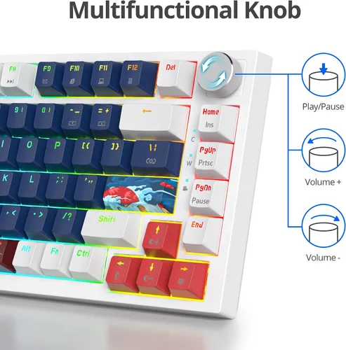 Vista 5 de Guffercty kred 75% de soporte de junta de teclado con cable azul, teclado mecánico RGB intercambiable en caliente programable con perilla