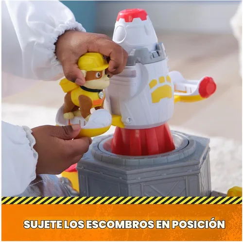 Vista 4 de Rubble & Crew, Launch & Spin - Juego de nave espacial con figura de juguete de Rubble en uniforme de construcción, juguetes para niños y niñas a