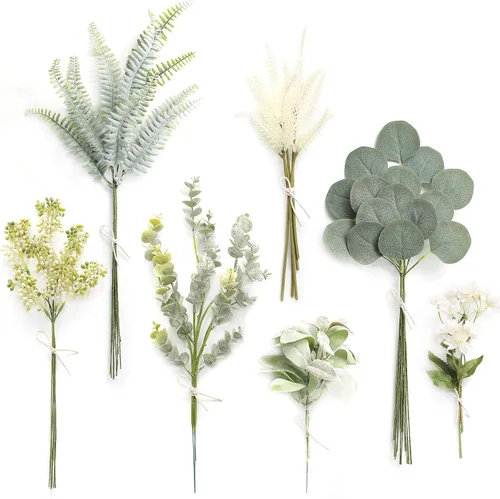Vista 18 de Serra Flora - Juego de tallos de vegetación artificial en caja, (paquete de 44 piezas) con 7 tipos de relleno de vegetación artificial para ramos