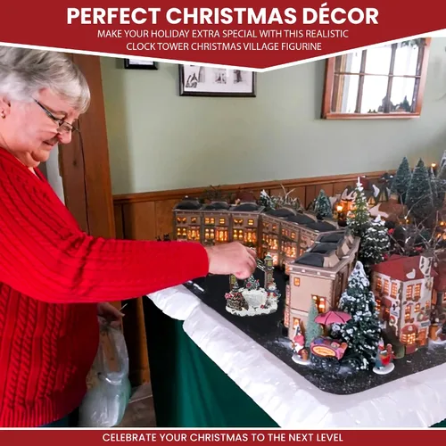 Vista 2 de Torre de reloj de aldea de Navidad, animada aldea musical de nieve de invierno preiluminada, complemento perfecto para tus decoraciones navideñas