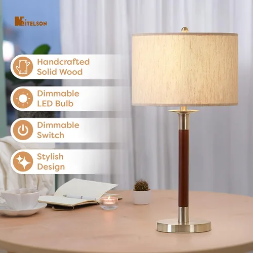 Vista 2 de Lámpara moderna de mediados de siglo con interruptor regulable y bombilla, lámpara de noche LED para dormitorio, lámpara de mesa de madera