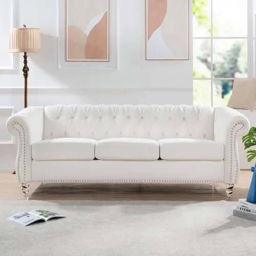 Vista 24 de Muebles de sofá Chesterfield de tela de 85 pulgadas, sofá tapizado con respaldo copetudo, brazo enrollable, sofá Chesterfield clásico para sala