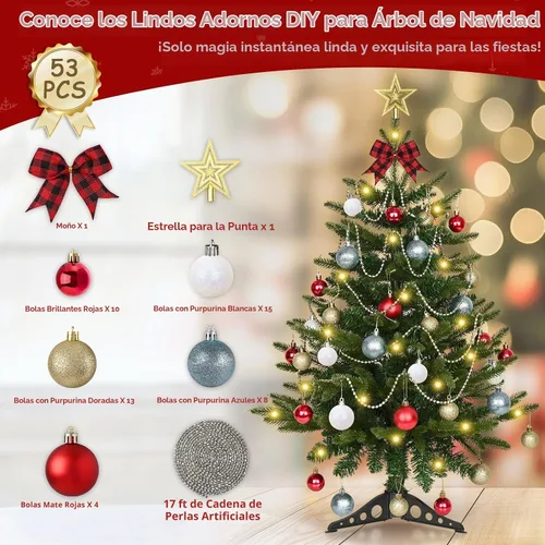 Vista 3 de Uspring Árbol de Navidad pequeño de 3 pies con luces, árbol de Navidad artificial de mesa con 50 luces LED y adornos colgantes de bricolaje, mini