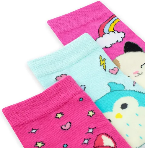 Vista 5 de Squishmallows Calcetines de algodón para niños, paquete de 3, paquete de 3, Squish Squish Squad para niñas, paquete de 3