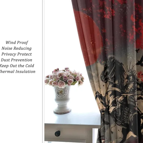 Vista 6 de Cortinas opacas abstractas japonesas samuráis para dormitorio, caballo samurái rústico, rojo, ojal, aislamiento térmico, cortinas de oscurecimiento
