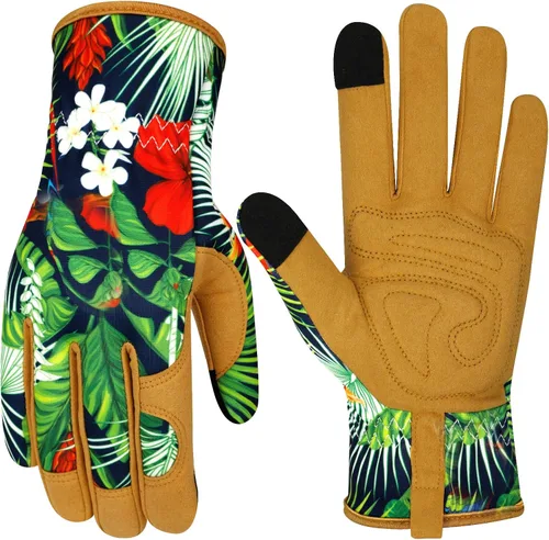Vista 10 de Guantes de jardinería de cuero para mujer, guantes de jardín a prueba de espinas, diseño de pantalla táctil, guantes de trabajo resistentes