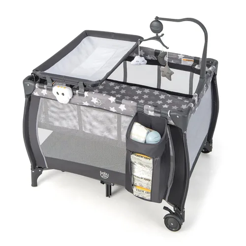 Vista 11 de Costzon 3 en 1 Rosa Pack and Play con Moisés, Corralito Portátil para Bebé con Mesa Cambiadora, Caja de Música, Juguetes Giratorios, Ruedas/Freno