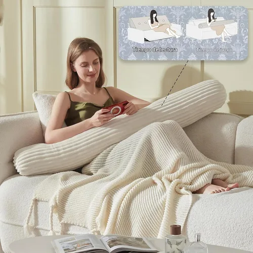 Vista 5 de Almohada de Cuña para Cabecero + Una Almohada Larga de Rollo para el Cuello Almohada Corporal, Almohada Grande de Cabecero con Funda Removible Beige