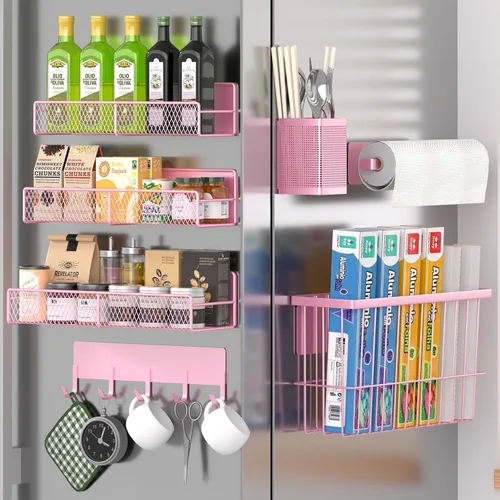 Vista 23 de Estante magnético para especias para refrigerador, paquete de 7 estantes magnéticos fuertes 100% de metal, organizador de especias con soporte
