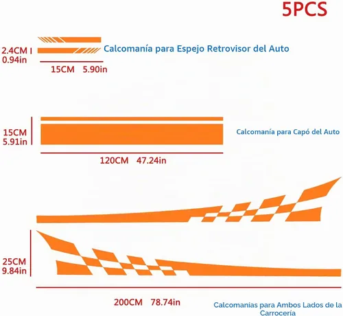 Vista 2 de QianBao 5 piezas de calcomanías para espejo retrovisor del coche, calcomanías para capó del auto, calcomanías deportivas para la carrocería Naranja