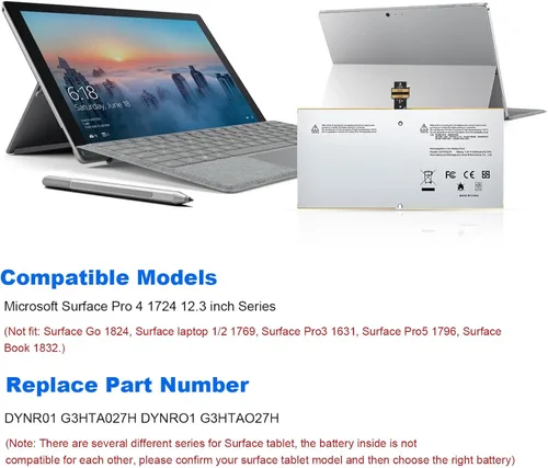 Vista 5 de Futurebatt DYNR01 G3HTA027H - Batería de repuesto para laptop Microsoft Surface Pro 4 1724 12.3 pulgadas Tablet Series G3HTA026H G3HTA027H 7.5V
