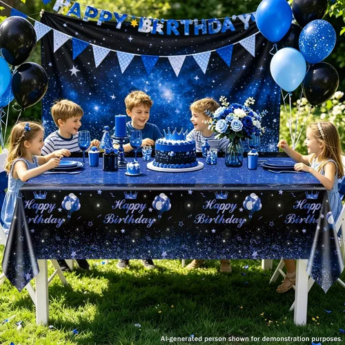 Vista 3 de 4 manteles de fiesta de feliz cumpleaños, color negro y azul, decoración de fiesta de color azul y negro, mantel rectangular de plástico para niños
