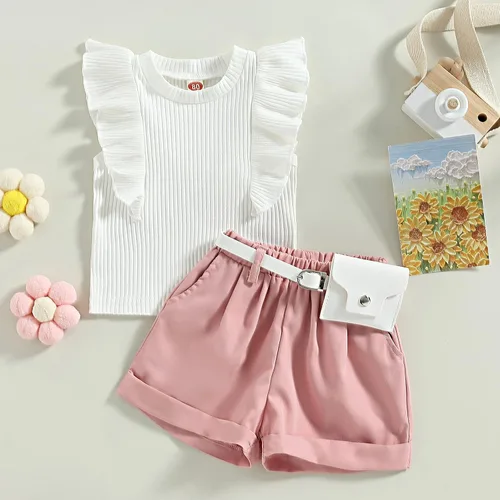 Vista 3 de Conjunto de ropa de verano para niña pequeña, con volantes, sin mangas, acanalada, pantalones cortos de cintura elástica con cinturón, ropa de moda