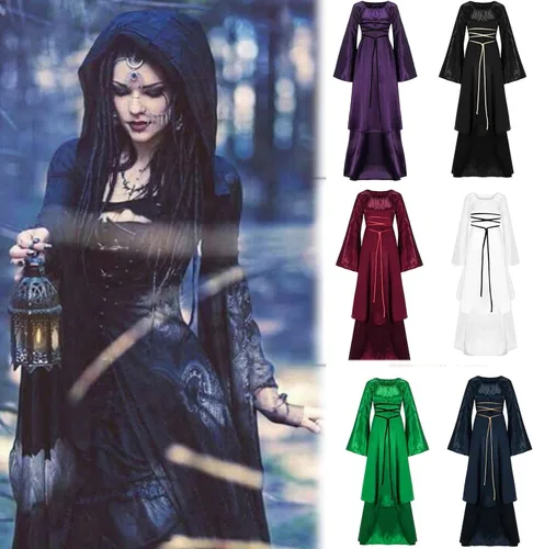 Vista 5 de Vestido medieval para mujer, disfraces renacentistas vintage, vestidos de pirata, campesina, longitud hasta el suelo, vestidos largos de Halloween