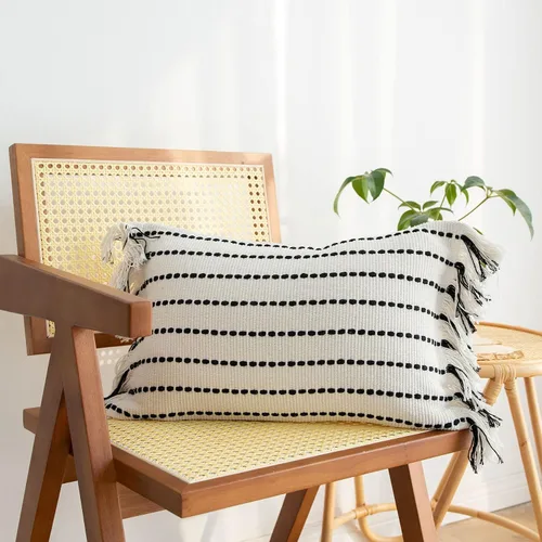 Vista 11 de LIGICKY Fundas de almohada decorativas para el hogar, estilo bohemio, con borlas, cuadradas, de algodón, a rayas, para sofá, dormitorio, sala