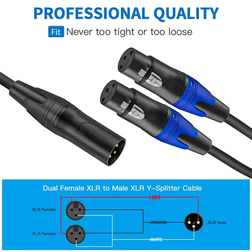 Vista 4 de LanSenSu 1 micrófono divisor XLR Y macho a 2 hembras, XLR hembra de 3 pines a doble XLR macho Y-Splitter Cables de audio de micrófono equilibrado
