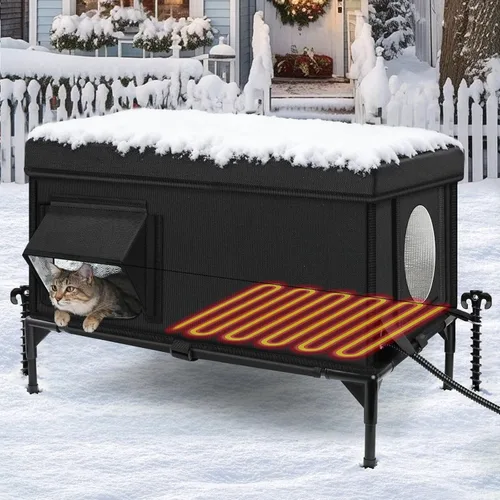 Vista 10 de Casa de gatos al aire libre climatizada resistente a la intemperie con almohadilla térmica, casa climatizada para gatos al aire libre, casas