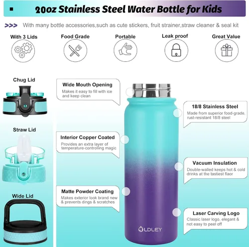 Vista 2 de Oldley Botella de Agua Aislada con Pajilla de 20oz, Botellas de Agua de Acero Inoxidable con 3 Tapas, Aislamiento al Vacío de Doble Pared Térmica