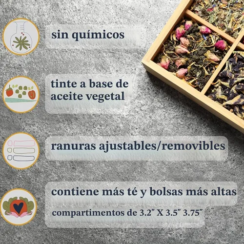 Vista 3 de Caja Organizadora de Té de Bambú Libre de Químicos Grande, Alta, Cubículos Ajustables Cofre de Almacenamiento de Madera Natural