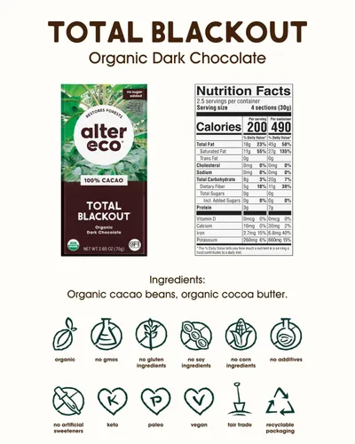 Vista 2 de Alter Eco Barras de chocolate negro Cacao oscuro puro, comercio justo, orgánico, sin OMG, sin gluten (apagón total)