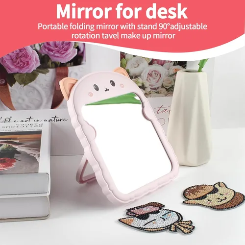 Vista 3 de TBWHL Bonito espejo de escritorio de dibujos animados con gato para escritorio, espejo de escritorio con soporte para niñas, niños, espejo colgante