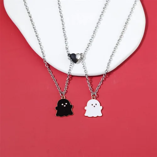 Vista 2 de Juego de 2 collares magnéticos con dije de corazón y fantasma para mujeres hombres mejores amigos niñas niños adolescentes esmalte mutuo