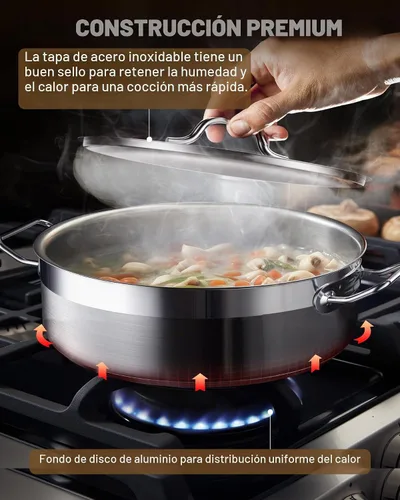 Vista 4 de Cooks Standard - Sartén profunda con tapa para saltear, de 4 cuartos de galón, profesional de acero inoxidable, sartén multiusos del chef