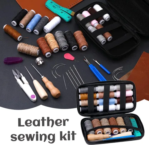 Vista 3 de BUTUZE Kit de reparación de tapicería, kit de costura de cuero, hilo de coser, hilo encerado, agujas de coser a mano resistentes, punzón de costura