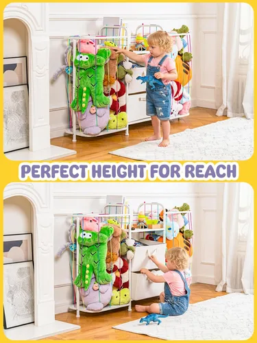 Vista 4 de VBABY Estantería para niños y almacenamiento de juguetes, estante grande 3 en 1 para habitaciones de niños, zoológico de animales de peluche